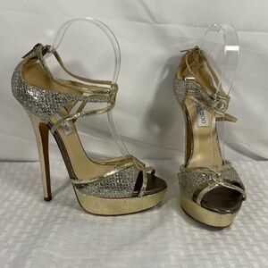 Jimmy Choo Gold Crystal Platform Heels Sandals EU 39